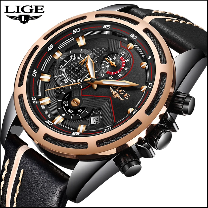 

LIGE Mens Watches Top Brand Luxury Chronograph Leather Sport Watch Men's Military Waterproof Quartz Watch Male Relogio Masculino
