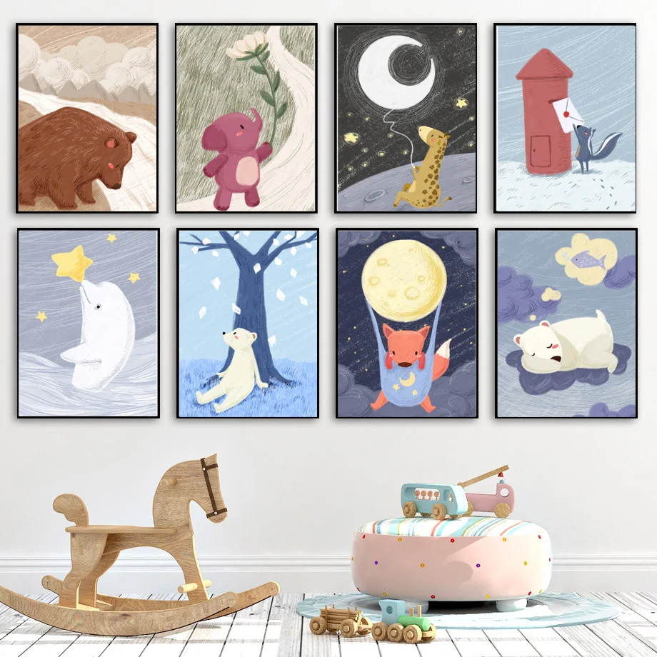 

Cartoon Rabbit Bear Elephant Dolphin Giraffe Nordic Posters And Prints Wall Art Canvas Painting Wall Pictures Kids Room Decor