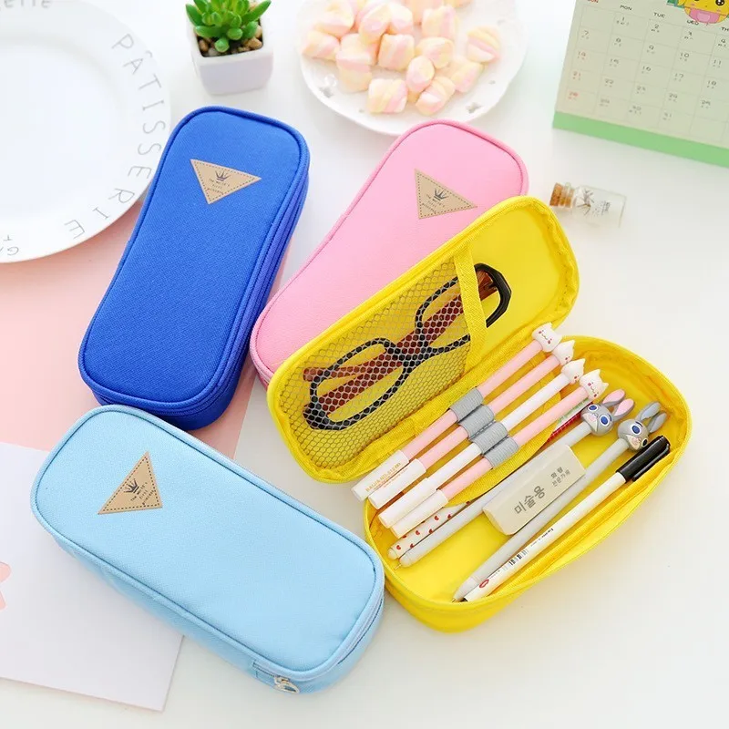 Cute Macaron Colors Big Canvas Pencil Case For Girls Kawaii Pencil Box Pen Case School Supplies Stationery