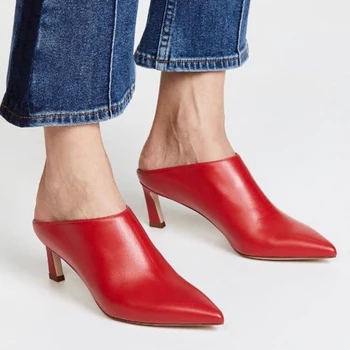 

Kmeioo Spring Autumn Cow Leather Mules Woman Pointed Toe Med Heels Slip-On Mule Sandals Genuine Leather Pumps Classic Mule