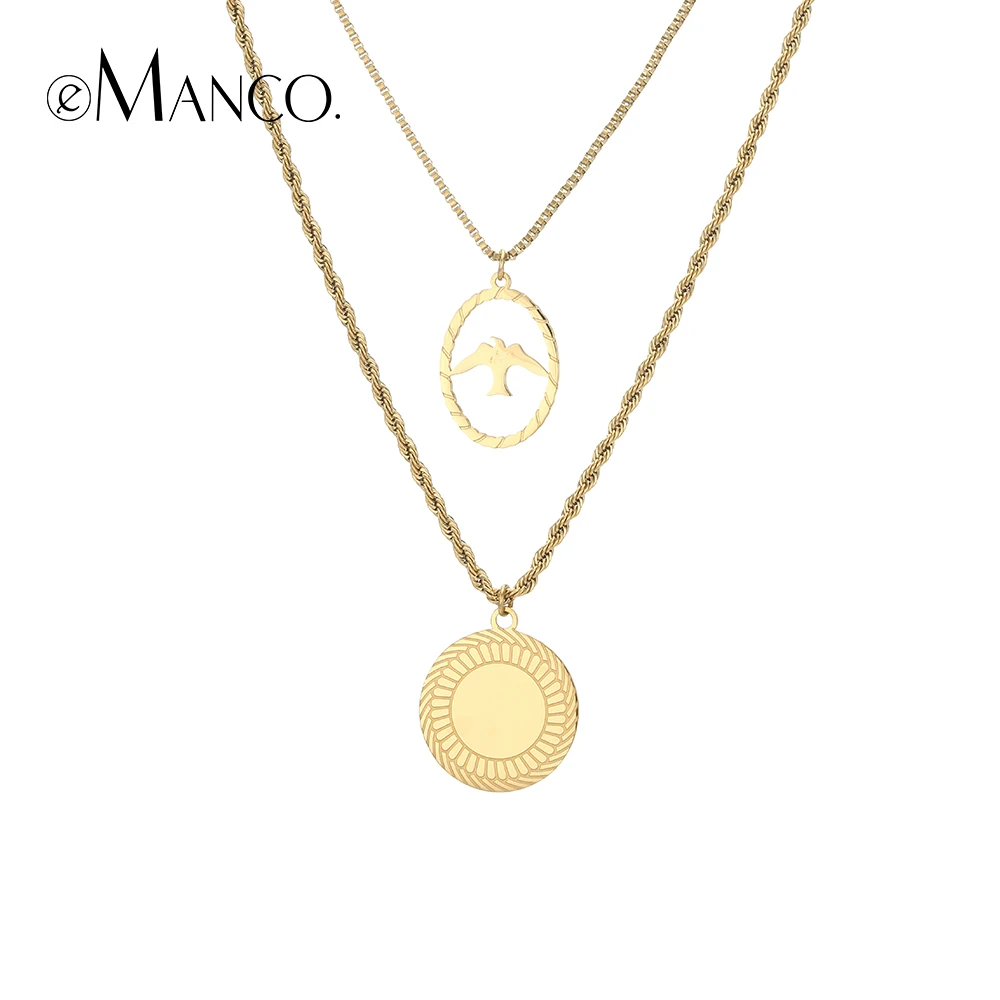 eManco Classic Pendant Necklace For Women Double layer Sun with Bird Stainless Steel Choker Necklaces Fashion Jewelry