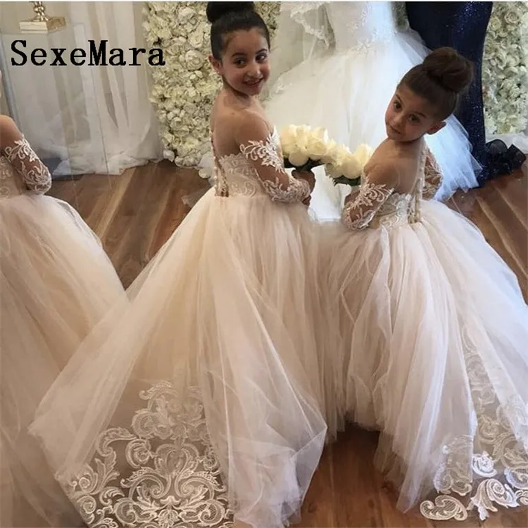

Kids Puffy Ivory Tulle Lace Ball Gown Flower Girl Dresses Puffy Satin Bow Girl Princess Dresses Long Kids Communion Dresses