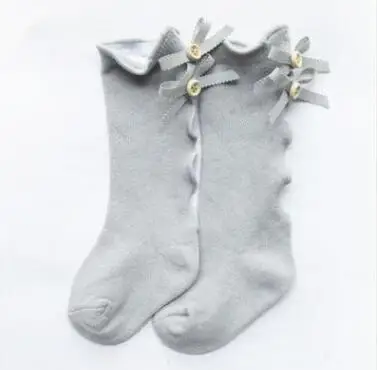 Носки для малышей, детские штаны до колена, хлопковые кружевные детские носки до колена для маленьких девочек, теплые гольфы для девочек, носки с бантом и деревянными ушками для маленьких девочек - Цвет: Gray ear bow