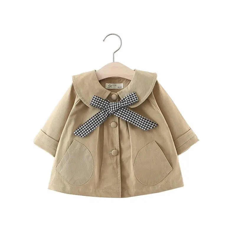 Весенняя верхняя одежда для девочек, Тренч, галстук-бабочка в клетку, модные пальто с отложным воротником для маленьких детей, детские однотонные куртки с длинными рукавами, одежда
