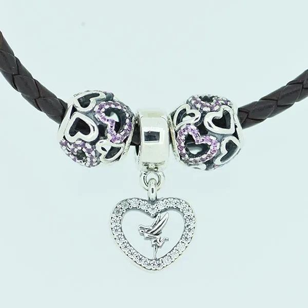Fits Pandor Original Charm Bracelet 3pcs Made Of Sterling-Silver DIY Beads Fairy Silver Charm With Heart Pattern & CZ Stones multicolor owl charm bracelet 3pcs