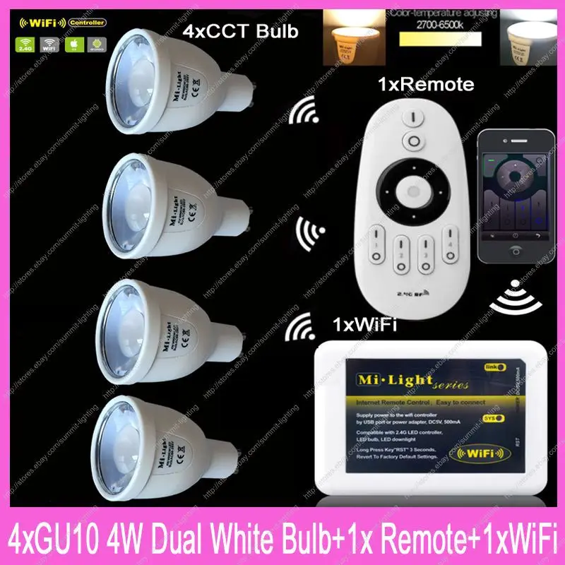 

4x GU10 Mi.Light 5W Color Temperature Adjustable Dual White CW/WW CCT LED Bulb AC85-265V+1x 2.4G Wireless Remote+1x WiFi iBox2
