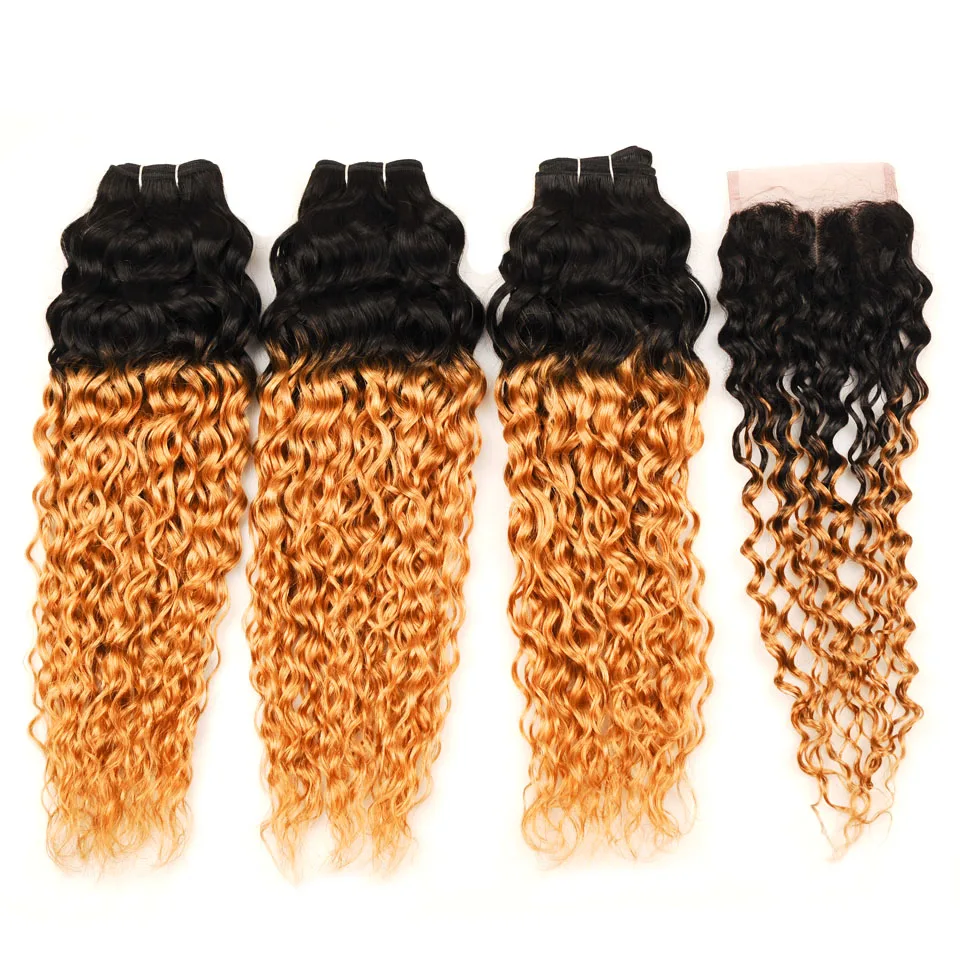 Pinshair Pre-Colored Water Wave Malaysian Hair Ombre 3 Bundles With Closure 1B 27 Blonde Human Hair Weave With Closure Non Remy (18)