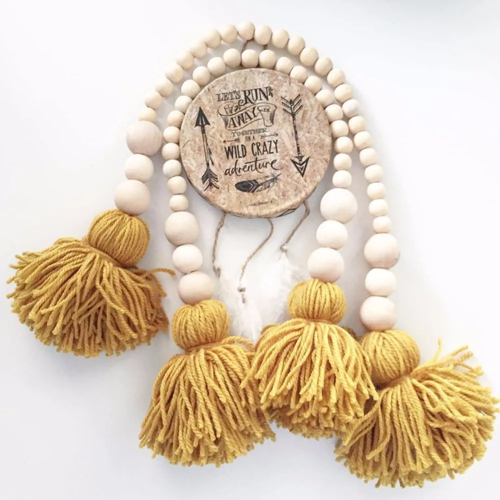 

C Nordic Wood Beads With two side Tassel tent decor Wall Hanging Wind Chimes Baby Room Garland Kids wall Decor