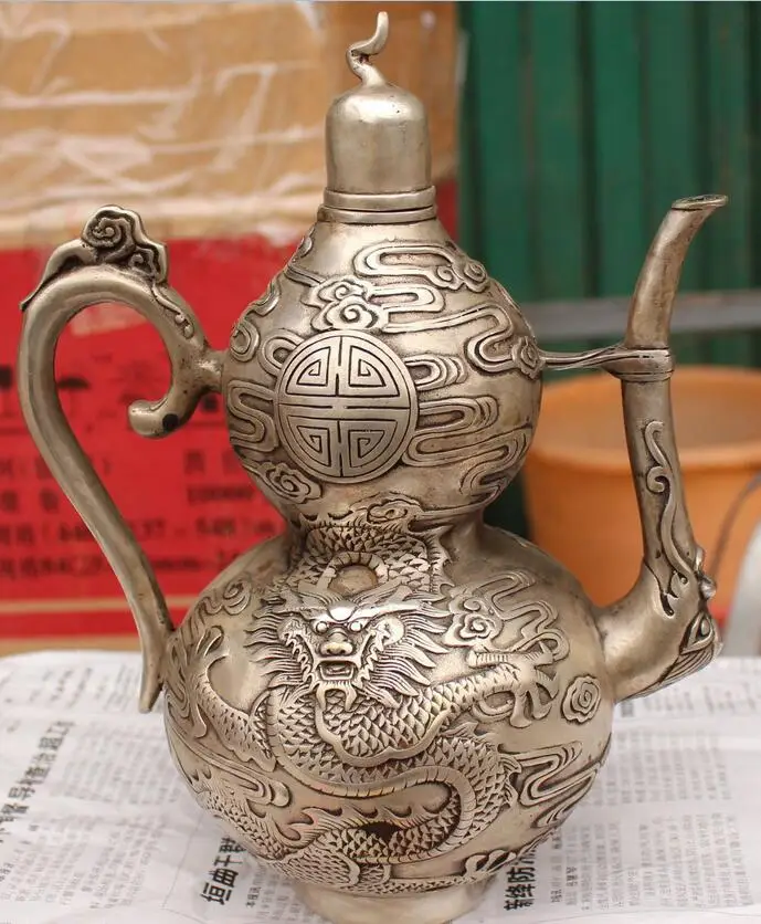 

6710944++9" Marked Chinese Silver Dragon Lion Calabash Cucurbit Winepot Wine Tea Pot Bowl