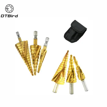 

3Pcs Metric Spiral Flute The Pagoda Shape Hole Cutter 4-12/20/32mm HSS Steel Cone Drill Bit Set HSS Steel Step Sharpening DT6