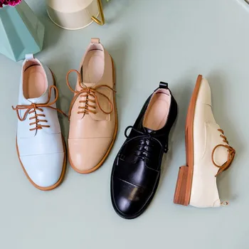 

MLJUESE 2019 women flats Soft Cow leather lace up round toe flats black color spring autumn comfortable casual shoes size 34-40
