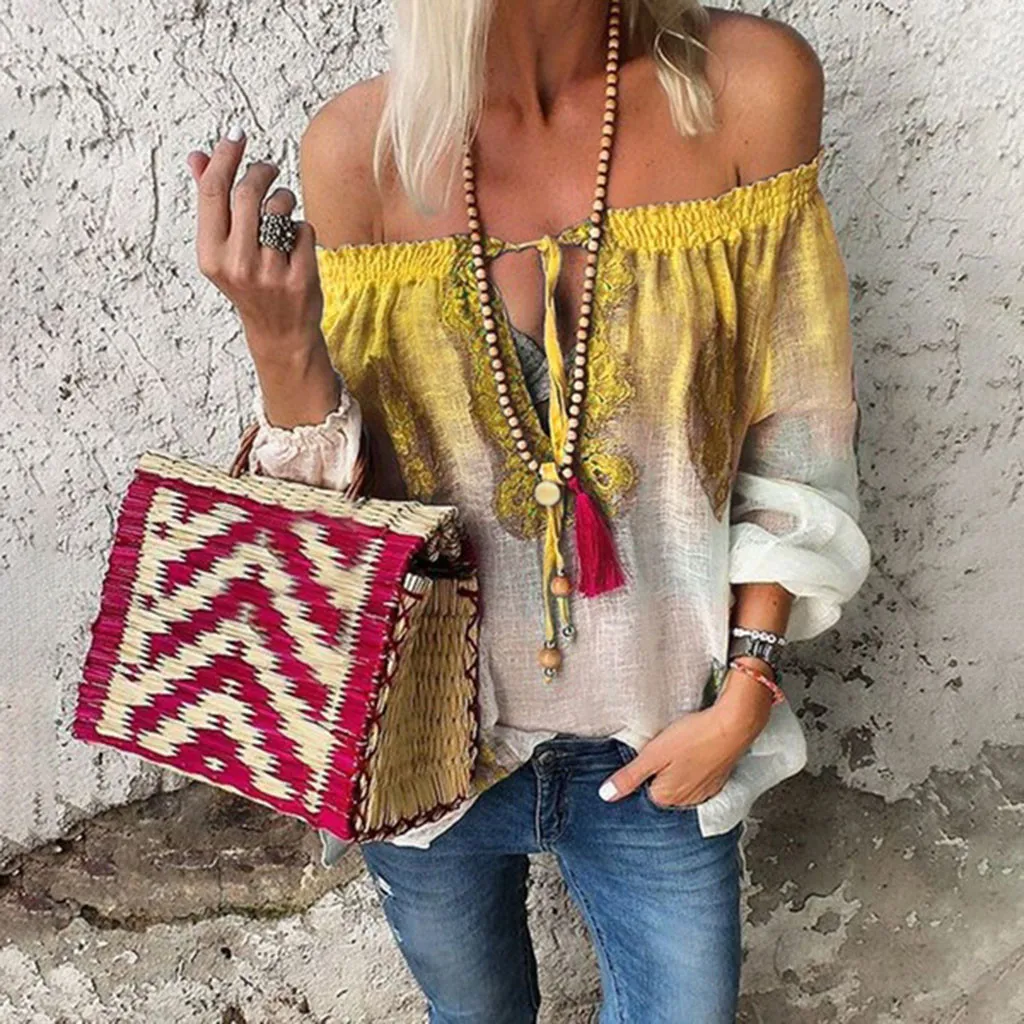 

Women blouse Summer Sexy Boatneck Gradient Color Printing Loose Blouse Tops Long-sleeved Harajuku womens tops and blouses