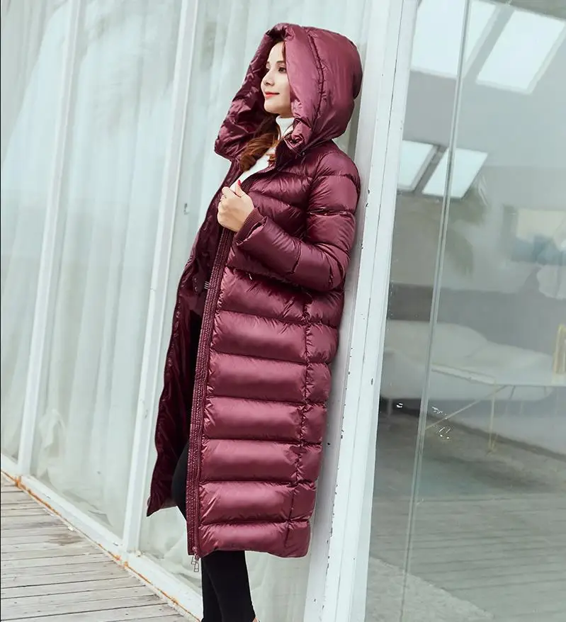 Полосатые стеганые пальто с капюшоном на 90% утином пуху, Женская длинная теплая верхняя одежда, пуховые пальто, кон пучовик wq2248 - Цвет: wine red