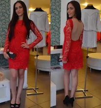 Sexy Red Lace Cocktail Dress Sheer Back Long Sleeve Short Homecoming Dresses Robe De Cocktail Courte 2016