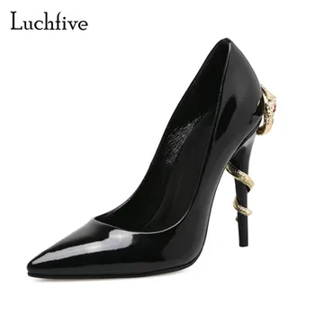 

Luchfive New Spring Metal Snake Rhinestone High Heels Women Pumps Sexy Pointy Toe Leather Slip on Women wedding Party shoes