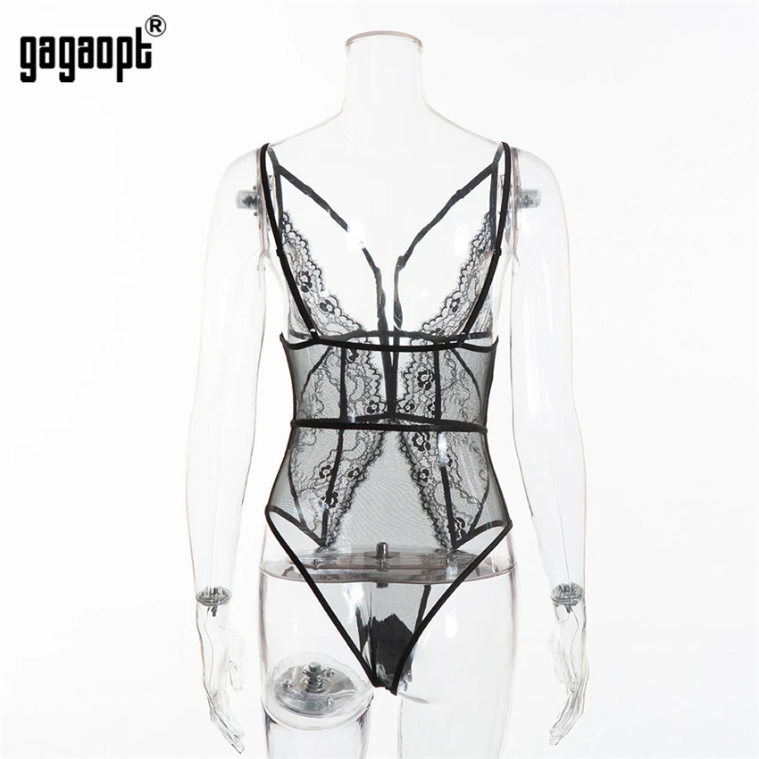 Gagaopt Lace Bodysuit Women Bandage Mesh Bodysuit Fashion Black/White Sexy Bodysuit Jumpsuit Overalls Sleepwear