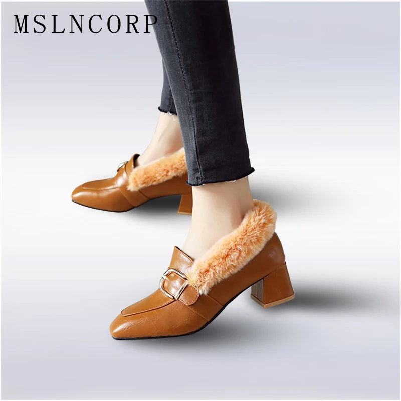 

size 34-46 Womens Spring Autumn Patent Leather Dress Pumps Mid Heel Rabbit Fur Loafers Buckle Square Toe Thick Plush Big Shoes