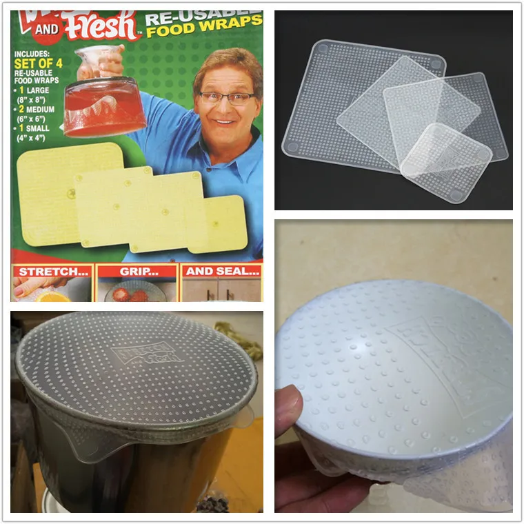 

Super low price 4pcs Clear Reusable Silicone Food Wraps Seal Cover Stretch Multifunctional Food Saran Wrap Kitchen Tools