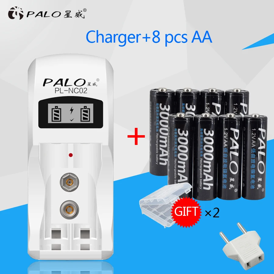 Baratos 2 ranuras NI MH NI CD cargador de batería con pantalla LCD para AA AAA 9 V 6F22 batería con 8 piezas 3000 mah 1,2 V AA recargables