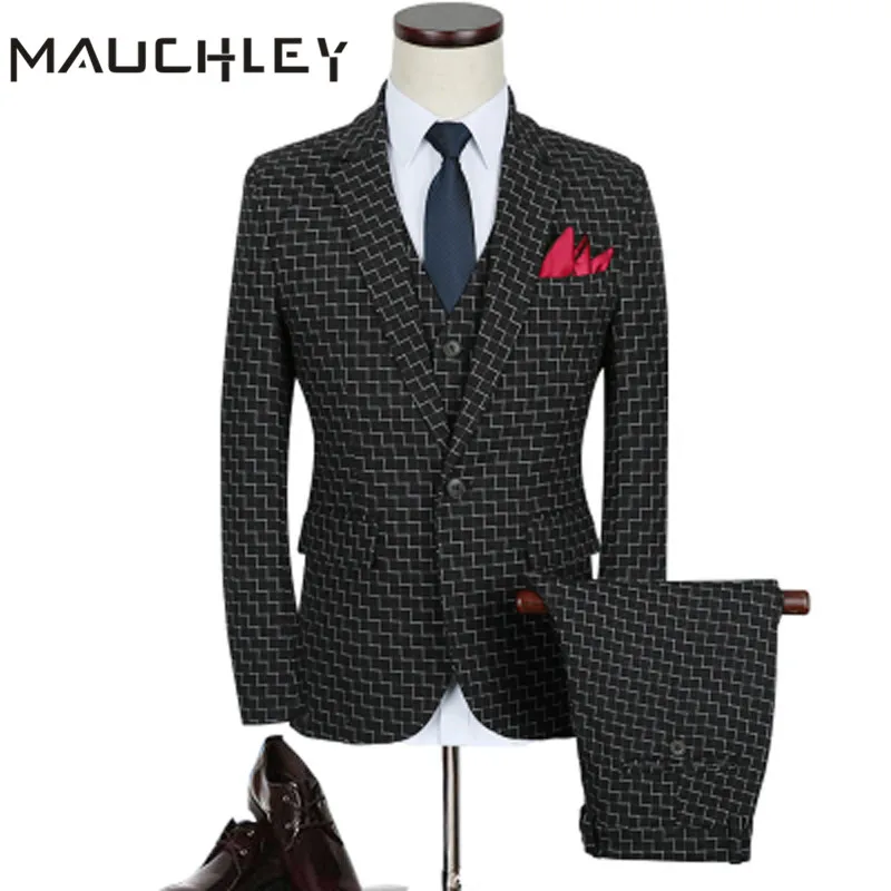 Китайский черный клетчатый мужской жилет с брюками из 3 предметов ...