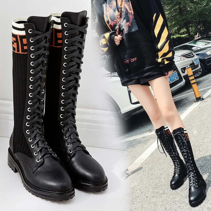 

Winter Boots Women Lace Up Sock Boots Ladies Martin Boots Ankle Thigh High Booties 2018 Western Long Botas Mujers Autumn