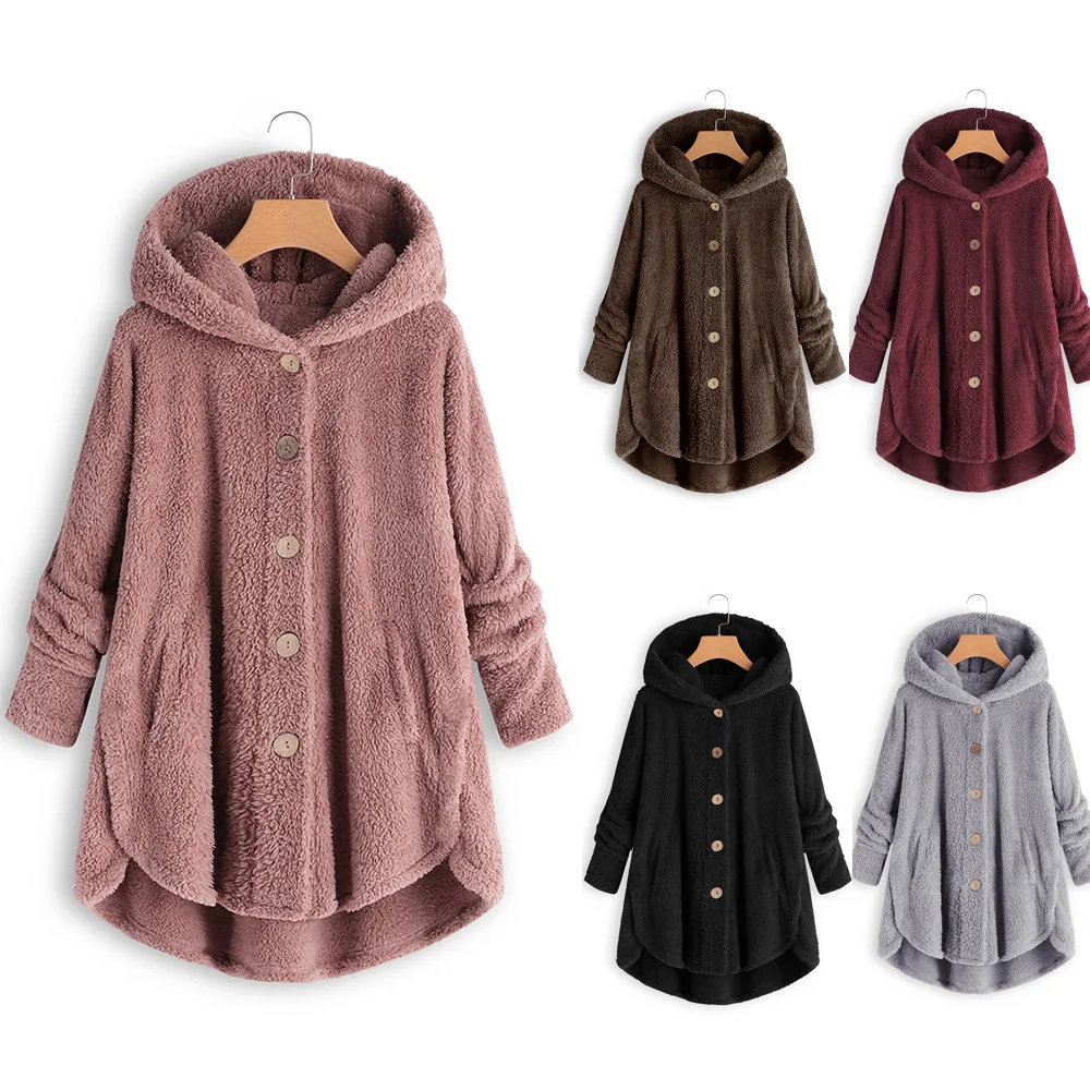 

2019 autumn new women's button plush shirt irregular solid color ladies hooded collar single-breasted long size large coat