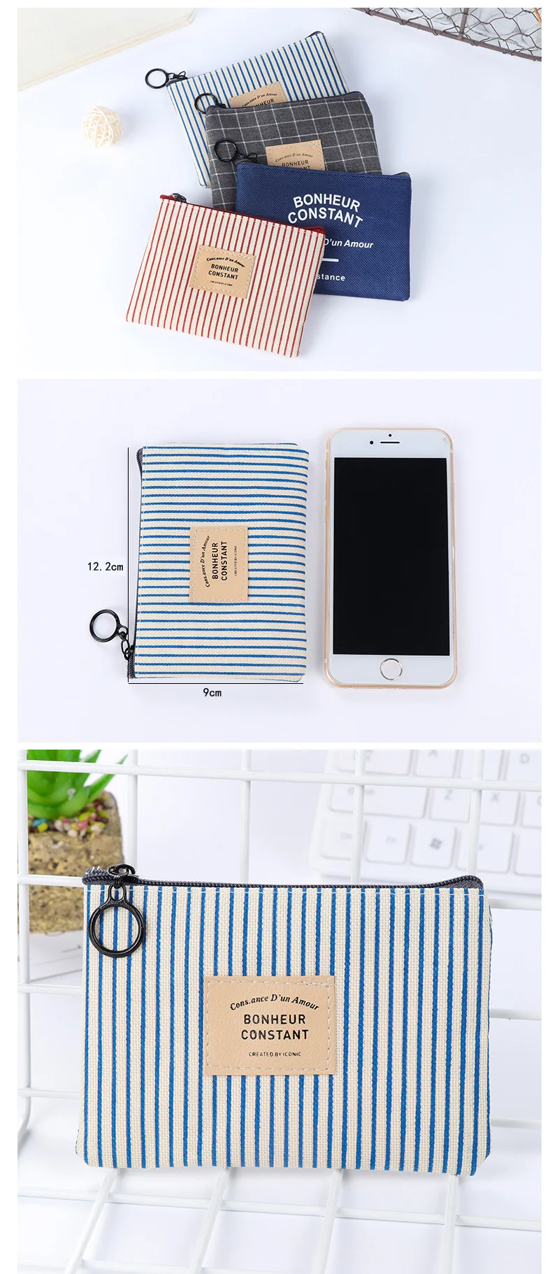 Unisex Canvas Coin Bag Purse Women Stripe Coin Money Card Holder Wallet Case Zipper Key Storage Pouch For Kid Girl Gift