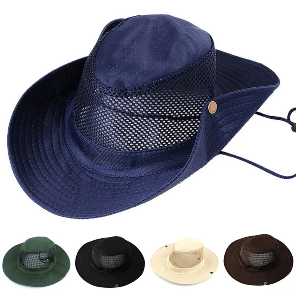 

Fisherman Bucket Cap Polyester Mesh Sunshade Cowboy Hat Outdoor Fishing Sportswear Accessories With String