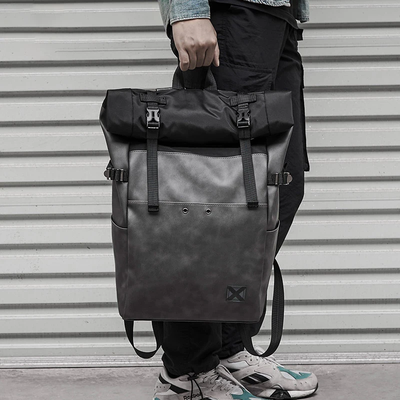 남자 배낭 PVC 학교 배낭 가방 패션 방수 여행 가방 캐주얼 가죽 책 가방 남성 회색 하라주쿠 가방 지갑