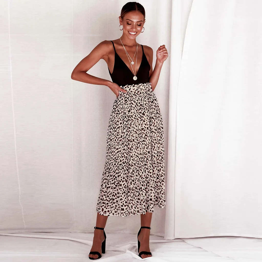 Feitong, Женская леопардовая юбка, винтажная, трапециевидная, свободная, длинная, свинг, эластичная талия, юбки для женщин, s размера плюс# w30