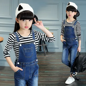 

2020 New Large Children Clothing Set Girls Long Sleeved Striped T-shirt + Denim Jumpsuit Overalls For Kids Girl Clothes 12 Years