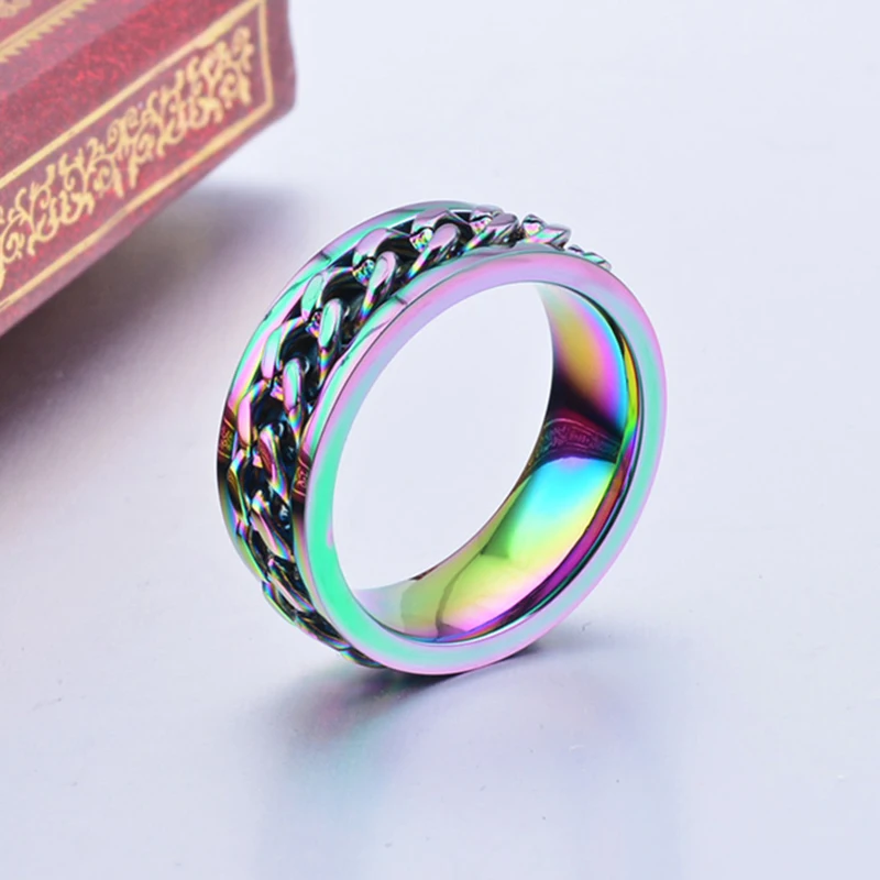 Разноцветное Радужное кольцо для женщин и мужчин из нержавеющей стали, вращающееся кольцо-Спиннер