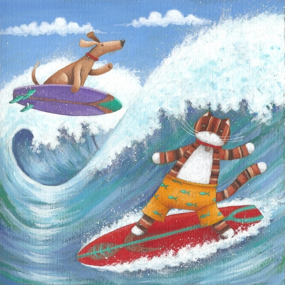Cat And Dog Surfing Poster Print by Peter Adderley (24 x 24)