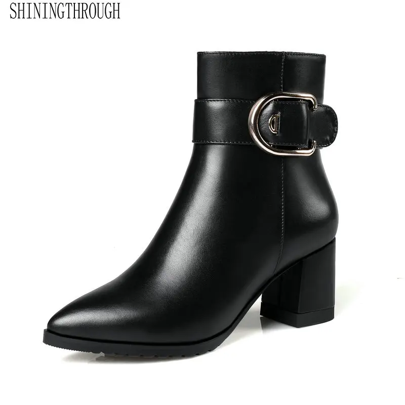

Genuine Leather Fashion Women Ankle Boots Autumn Winter Warm Motorcycle Boots Buckle Round Toe Square Heels Shoes Woman