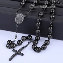 Davieslee 4/6/8/10mm Mens Cadena de Cadena Del Grano Del Acero Inoxidable Negro Rosario Jesús Cristo Cruz colgante Largo DLKN375-377 Necklacce