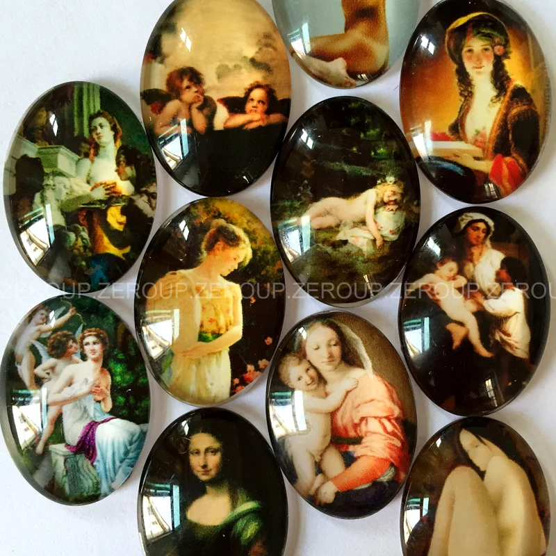 

ZEROUP 2 Sizes Oval Glass Cabochon Oil Painting Picture Mixed Pattern Fit Base Setting for Jewelry Embellishment Flatback TP-058