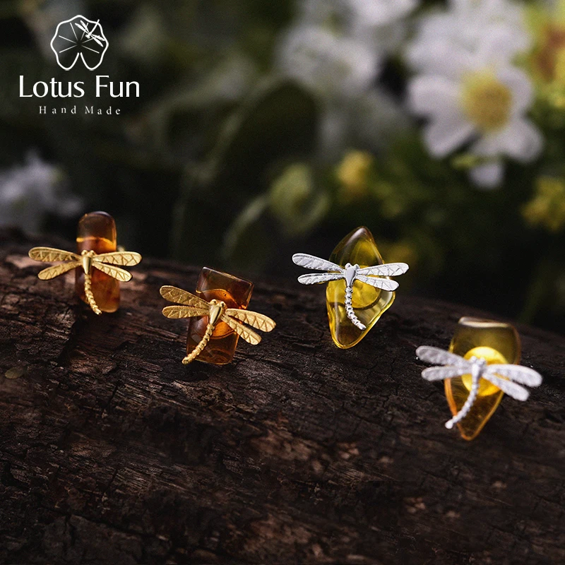 Женские серьги гвоздики стрекоза Lotus Fun изящные ручного изготовления из