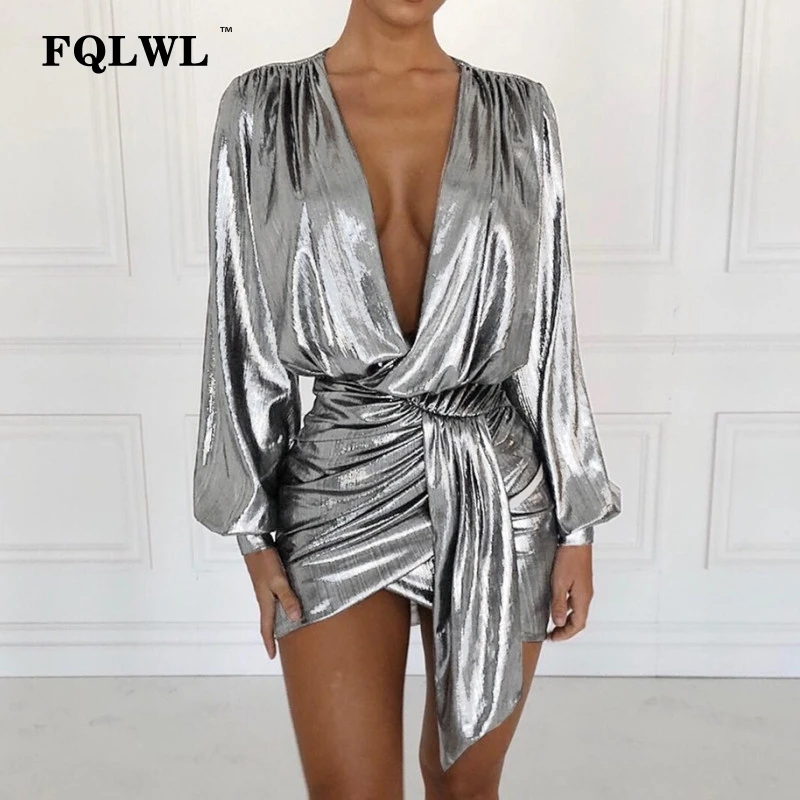 

FQLWL Sexy Club Bodycon Short Dress Women V Neck Long Sleeve Mini Ruffle Pleated Dress Female Spring Ladies Bandage Party Dress