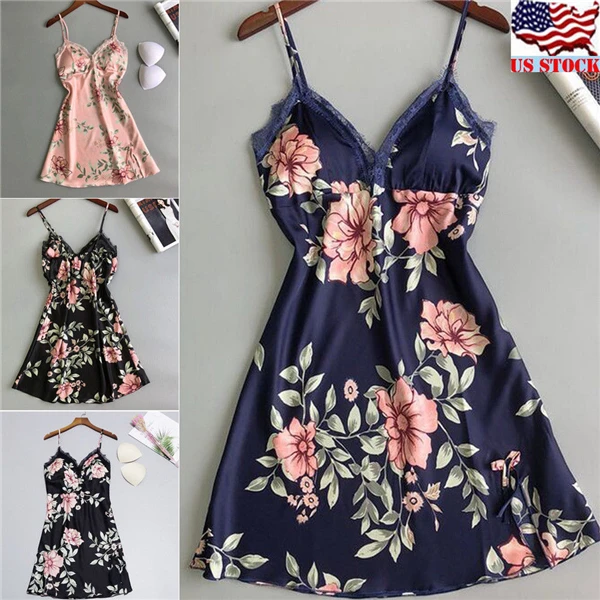 

2019 Fashion Women Casual Sexy Sleepwear Satin Silk Lace Patchwork Nightwear Pajamas Dresses New Arrival