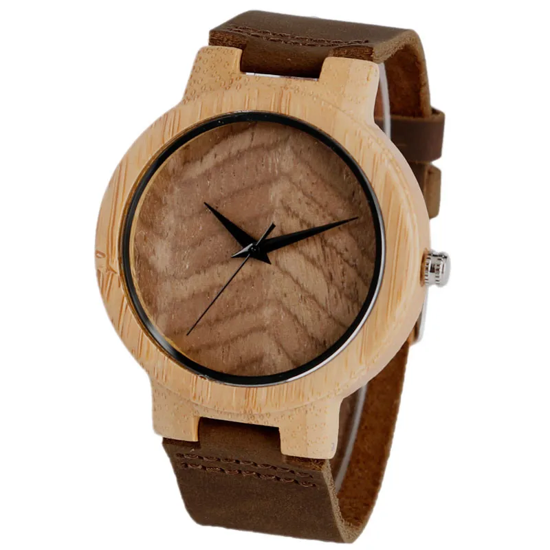 

Stylish Wristwatch Bamboo Wooden Watches Men's Watch Natural Wood Pattern Quartz-watch with Genuine Leather Band Relojes