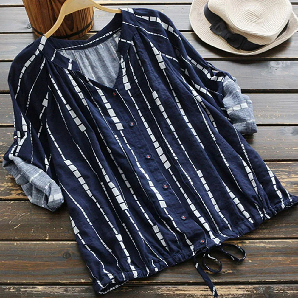 Prix Femmes Shirt Col V Rayé Cordon Dentelle Up À Manches Longues Lâche Blouse Casual Top blusas mujer de moda 2018 blusa feminina #2 s