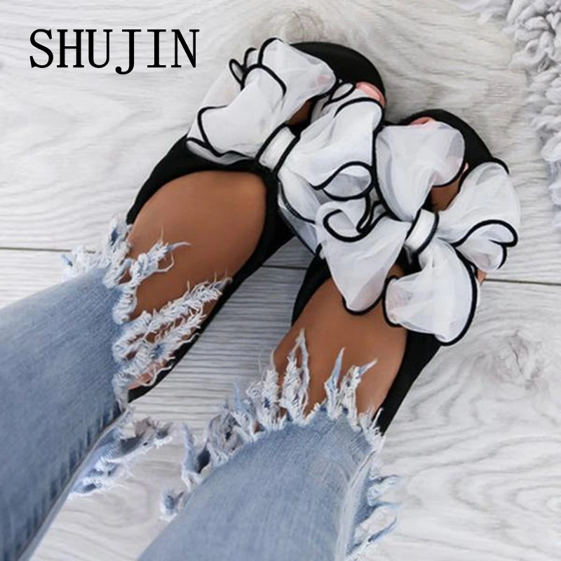 

SHUJIN 2019 New women summer slippers Fashion Women's Bow Wedges Flip Flops Non-Slip Clip Toe Beach Slippers zapatos de mujer