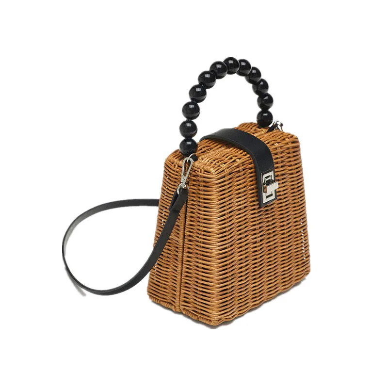 

Beach Bags box Rattan bag Women beaded pearls handle straw Bag Small Boho Handbags Summer 2019 new Vintage Handmade natral color