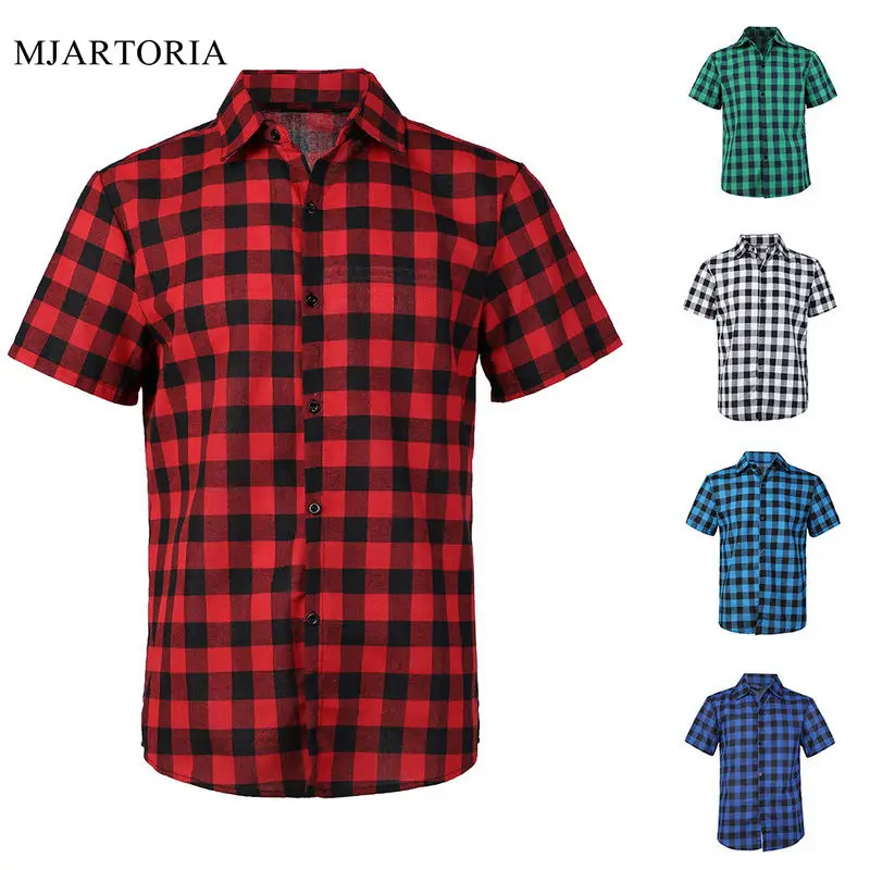 

MJARTORIA Red Black Plaid Shirt Men Shirts 2019 New Summer Spring Fashion Chemise Homme Mens Dress Shirts Short Sleeve Shirt Men