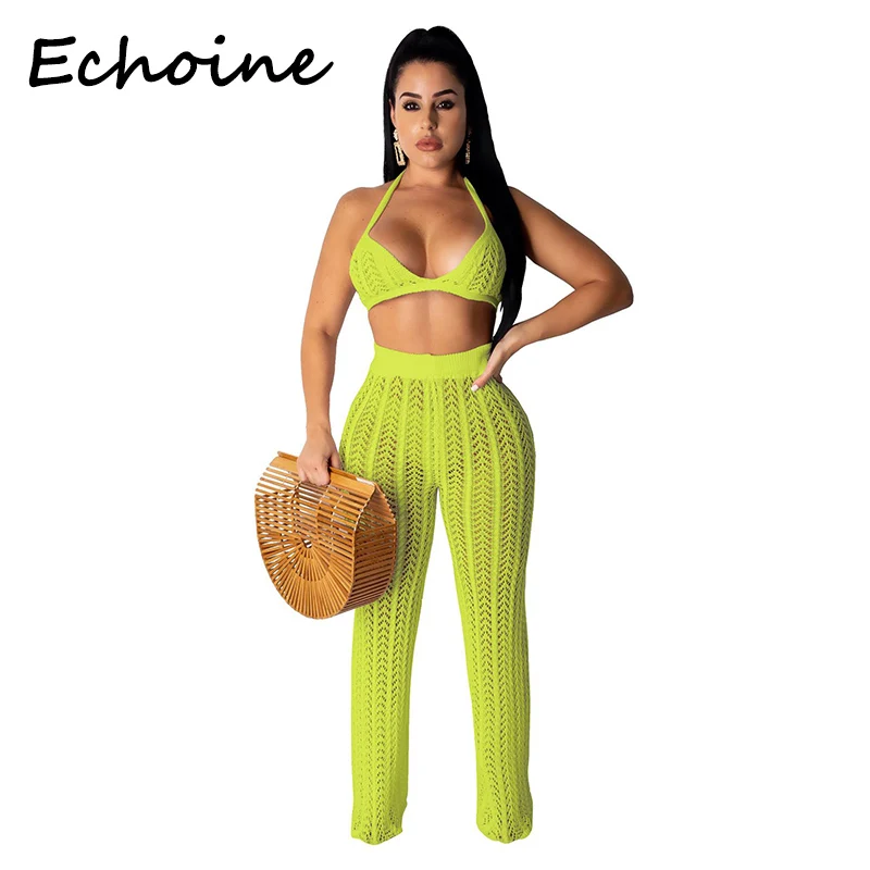 

Echoine Sexy 2 Piece Set Women Knitting grid Hollow Out Spaghetti Straps Bandage Crop Top + Long Pants Club Outfits
