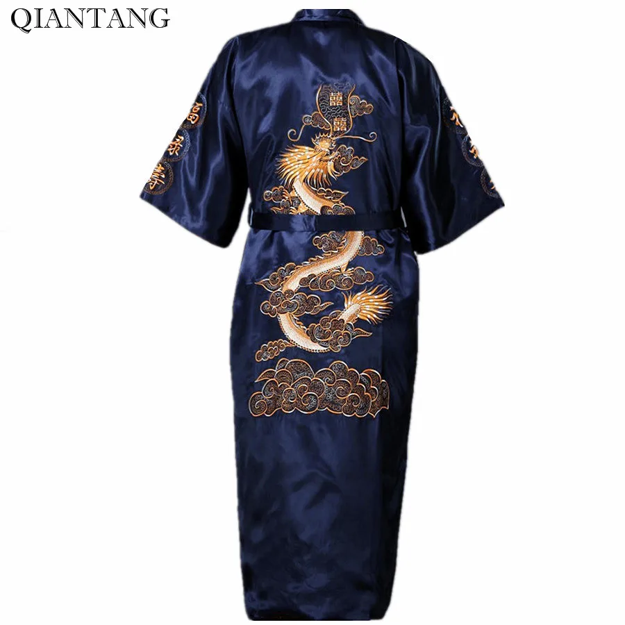 Синий китайский мужской халат с вышивкой, кимоно, ночная рубашка, атласная одежда для сна, халат Hombre Pijama S M L XL XXL XXXL S0009 - Цвет: Navy Blue