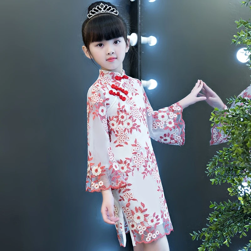 Для маленьких девочек cheongsam с длинным рукавом династии Тан костюм китайский стиль Современное Ципао красивый цветок газовое платье с вышивкой