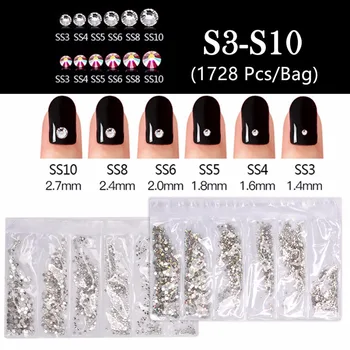 

1728 Pcs/Bag 3D Glitter Rhinestones Crystal AB SS3-SS10 8 Sizes One Bag Nail Rhinestones Strass Gem Nail Art Decoration