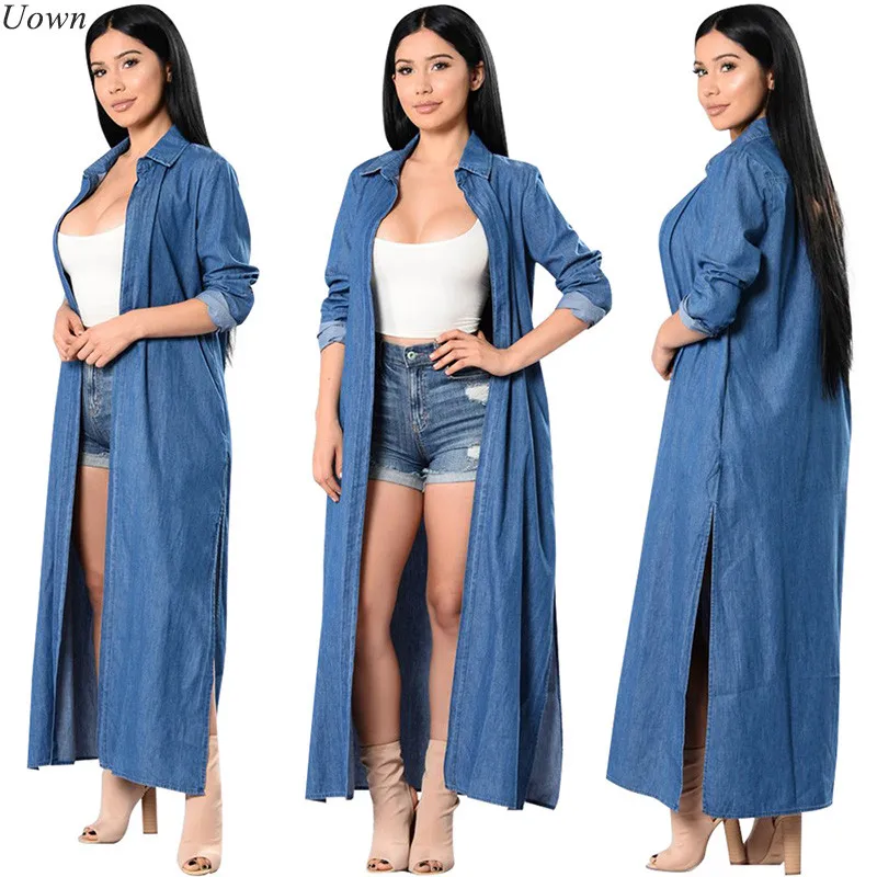 

Fashion Women Vintage Open Stitch Long Denim Trench Coats Ladies Turn-Down Collar Jeans Casual Loose Windbreaker Outwear Female