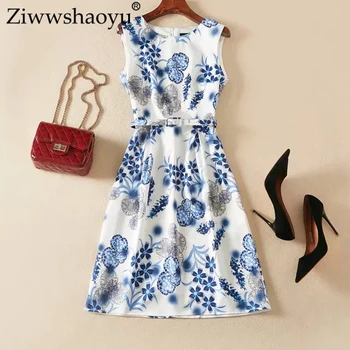 

Ziwwshaoyu Fashion Print dresses O-Neck Sashes temperament Slim dress Tank dress Spring and summer new women's